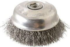 Osborn - 5" Diam, 5/8-11 Threaded Arbor, Steel Fill Cup Brush - 0.02 Wire Diam, 1-1/8" Trim Length, 8,000 Max RPM - Industrial Tool & Supply