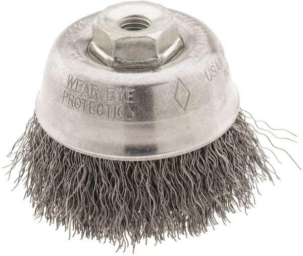 Osborn - 2-3/4" Diam, M10x1.50 Threaded Arbor, Steel Fill Cup Brush - 0.014 Wire Diam, 1" Trim Length, 14,000 Max RPM - Industrial Tool & Supply