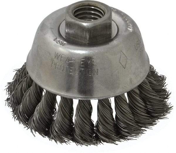 Osborn - 2-3/4" Diam, 5/8-11 Threaded Arbor, Steel Fill Cup Brush - 0.014 Wire Diam, 14,000 Max RPM - Industrial Tool & Supply