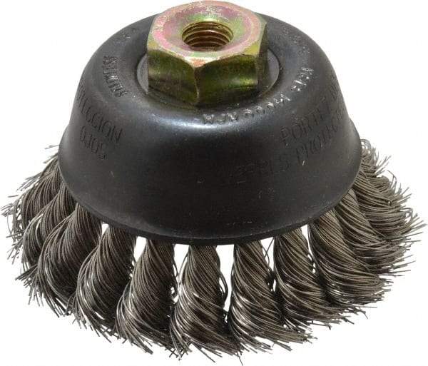 Osborn - 2-3/4" Diam, M10x1.25 Threaded Arbor, Stainless Steel Fill Cup Brush - 0.014 Wire Diam, 14,000 Max RPM - Industrial Tool & Supply