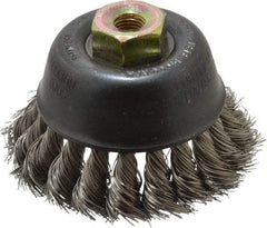 Osborn - 2-3/4" Diam, M10x1.25 Threaded Arbor, Stainless Steel Fill Cup Brush - 0.014 Wire Diam, 14,000 Max RPM - Industrial Tool & Supply
