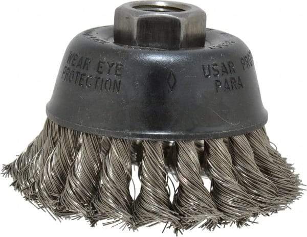 Osborn - 2-3/4" Diam, 5/8-11 Threaded Arbor, Stainless Steel Fill Cup Brush - 0.014 Wire Diam, 14,000 Max RPM - Industrial Tool & Supply