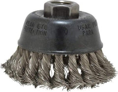 Osborn - 2-3/4" Diam, 5/8-11 Threaded Arbor, Stainless Steel Fill Cup Brush - 0.014 Wire Diam, 14,000 Max RPM - Industrial Tool & Supply