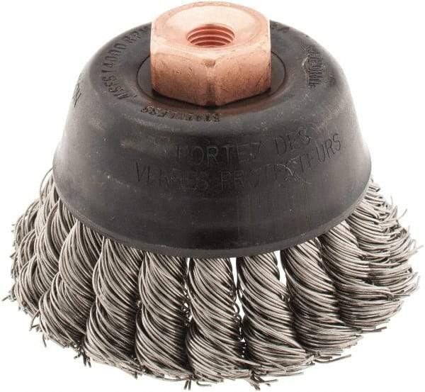 Osborn - 2-3/4" Diam, 3/8-24 Threaded Arbor, Stainless Steel Fill Cup Brush - 0.02 Wire Diam, 14,000 Max RPM - Industrial Tool & Supply