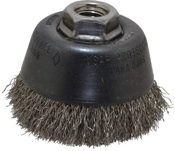Osborn - 3-1/2" Diam, 5/8-11 Threaded Arbor, Stainless Steel Fill Cup Brush - 0.014 Wire Diam, 7/8" Trim Length, 14,000 Max RPM - Industrial Tool & Supply