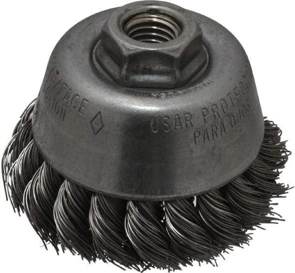 Osborn - 3-1/2" Diam, 5/8-11 Threaded Arbor, Steel Fill Cup Brush - 0.02 Wire Diam, 7/8" Trim Length, 14,000 Max RPM - Industrial Tool & Supply