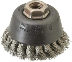 Osborn - 3-1/2" Diam, 5/8-11 Threaded Arbor, Stainless Steel Fill Cup Brush - 0.02 Wire Diam, 7/8" Trim Length, 14,000 Max RPM - Industrial Tool & Supply