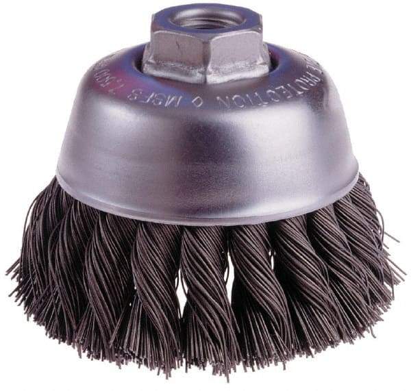 Osborn - 6" Diam, 5/8-11 Threaded Arbor, Steel Fill Cup Brush - 0.02 Wire Diam, 1-3/4" Trim Length, 6,000 Max RPM - Industrial Tool & Supply