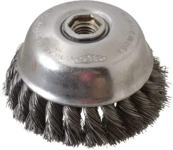 Osborn - 4" Diam, 5/8-11 Threaded Arbor, Steel Fill Cup Brush - 0.014 Wire Diam, 1-1/4" Trim Length, 6,000 Max RPM - Industrial Tool & Supply