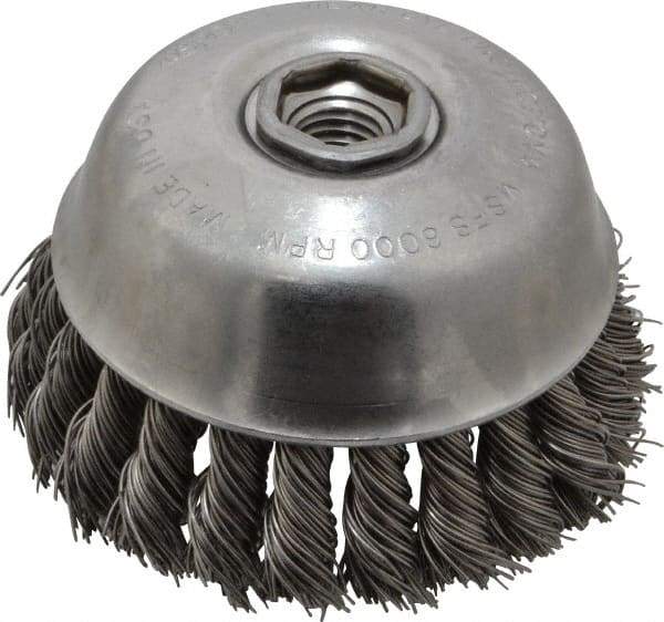 Osborn - 4" Diam, 5/8-11 Threaded Arbor, Steel Fill Cup Brush - 0.025 Wire Diam, 1-1/4" Trim Length, 6,000 Max RPM - Industrial Tool & Supply