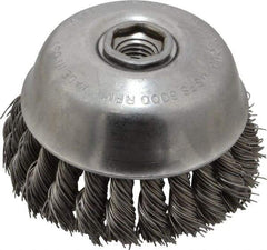 Osborn - 4" Diam, 5/8-11 Threaded Arbor, Steel Fill Cup Brush - 0.025 Wire Diam, 1-1/4" Trim Length, 6,000 Max RPM - Industrial Tool & Supply