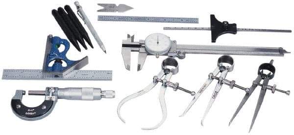 Value Collection - 12 Piece, Machinist Caliper and Micrometer Tool Kit - Includes 2 Piece Combination Square Set and Flexible Steel Rule - Industrial Tool & Supply