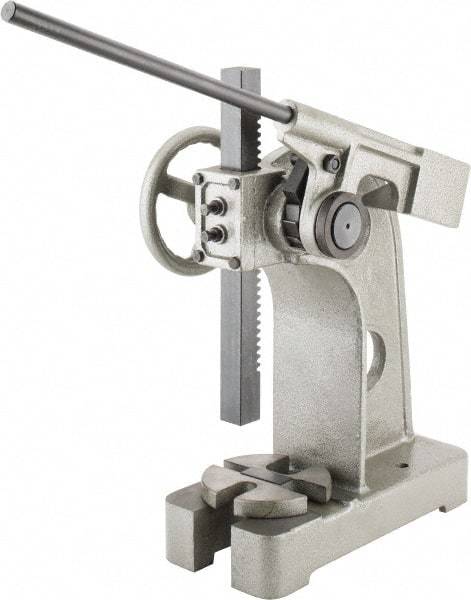 Interstate - 2-1/2" Ram, 6" Throat Depth, 3 Ton Manual Arbor Press - 12-5/8" Max Work Height x 12" Max Work Width, Ratchet Leverage, 20:1 Leverage Ratio, 8" Base Width x 18" Base Depth - Industrial Tool & Supply