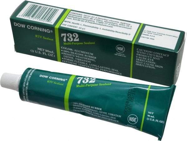 Dow Corning - 3 oz Tube Silver RTV Silicone Joint Sealant - -76 to -29.2°F Operating Temp, 20 min Tack Free Dry Time, 24 hr Full Cure Time, Series 732 - Industrial Tool & Supply