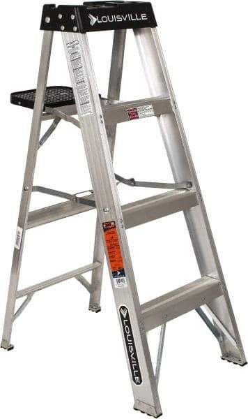 Louisville - 3 Steps, 4' High, Type IA Rating, Aluminum Step Ladder - 300 Lb Capacity, 18-5/8" Base Width - Industrial Tool & Supply