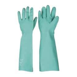 SHOWA - Size XL (10), 19" Long, 22 mil Thick, Nitrile Chemical Resistant Gloves - Textured Finish, Gauntlet Cuff, ANSI Abrasion Level 4, ANSI Cut Level 0, ANSI Puncture Level 1, Green, FDA Approved - Industrial Tool & Supply