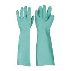 SHOWA - Size XL (10), 19" Long, 22 mil Thick, Nitrile Chemical Resistant Gloves - Textured Finish, Gauntlet Cuff, ANSI Abrasion Level 4, ANSI Cut Level 0, ANSI Puncture Level 1, Green, FDA Approved - Industrial Tool & Supply