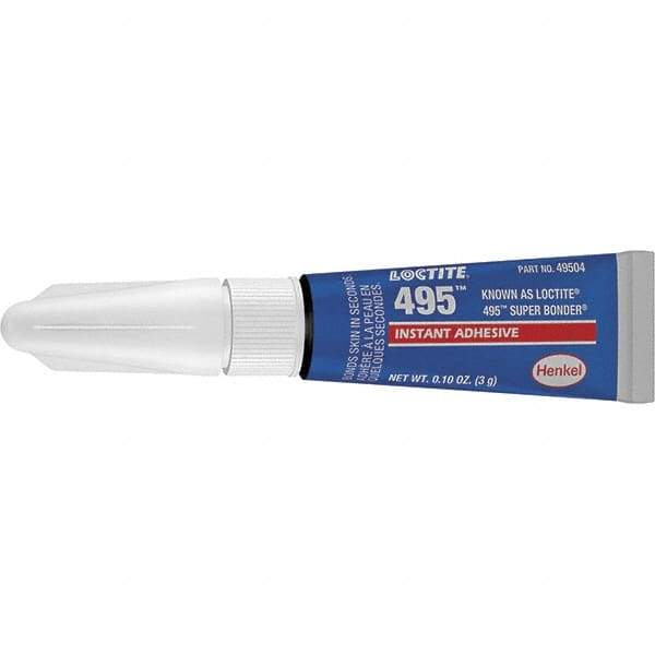 Loctite - 0.11 oz Tube Clear Instant Adhesive - Series 495, 20 sec Fixture Time, 24 hr Full Cure Time, Bonds to Metal, Plastic & Rubber - Industrial Tool & Supply