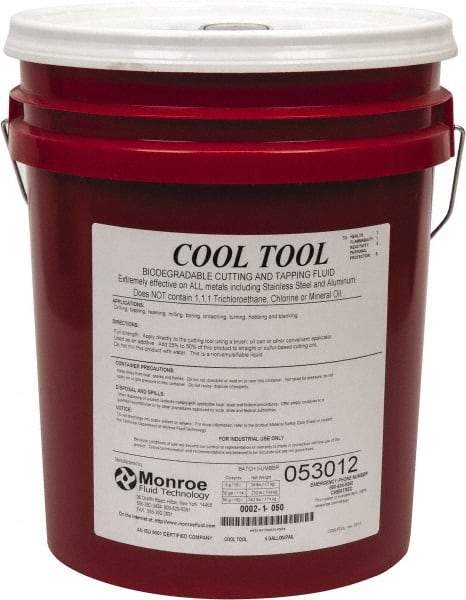 Monroe Fluid Technology - Cool Tool, 5 Gal Pail Cutting & Tapping Fluid - Straight Oil, For Blanking, Boring, Broaching, Drilling, Hobbing, Milling, Reaming, Tapping, Turning - Industrial Tool & Supply