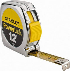 Stanley - 12' x 1/2" Yellow Blade Tape Measure - 1/32 & 1/16" Graduation, Inch Graduation Style, Silver Case - Industrial Tool & Supply