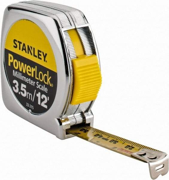 Stanley - 12' x 1/2" Yellow Blade Tape Measure - 1/32 & 1/16" Graduation, Inch/Metric Graduation Style, Silver Case - Industrial Tool & Supply