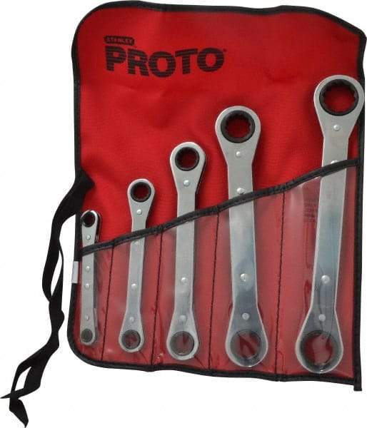 Proto - 5 Piece, 1/4 x 5/8 to 3/4 x 7/8", 12 Point, Ratcheting Box Wrench Set - Inch System of Measurement, Full Polish Finish, Comes in Nylon Roll - Industrial Tool & Supply