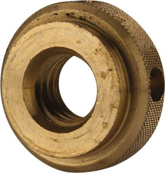 Gibraltar - 1/2-13" UNC Thread, Uncoated, Brass Round Knurled Check Nut - 7/16" Overall Height, 1-1/8" Diam x 5/16" Head Height, 7/8" Diam x 1/8" Base Height - Industrial Tool & Supply