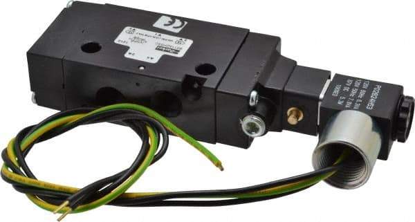 Parker - 1/4" Inlet x 1/4" Outlet, Single Solenoid Actuator, Air Return, 2 Position, Body Ported Solenoid Air Valve - 120 VAC Input, 88 CFM, 1.4 CV, 4 Way, 145 psi, 5-3/4" Long x 1.15" Wide x 3.97" High, 0 to 160°F - Industrial Tool & Supply