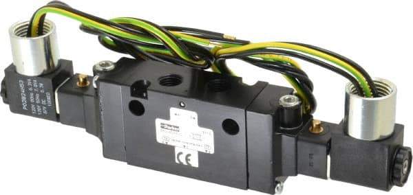 Parker - 1/4" Inlet x 1/4" Outlet, Double Solenoid Actuator, Solenoid Return, 2 Position, Body Ported Solenoid Air Valve - 120 VAC Input, 88 CFM, 1.4 CV, 4 Way, 145 psi, 7-3/10" Long x 1.15" Wide x 3.97" High, 0 to 160°F - Industrial Tool & Supply