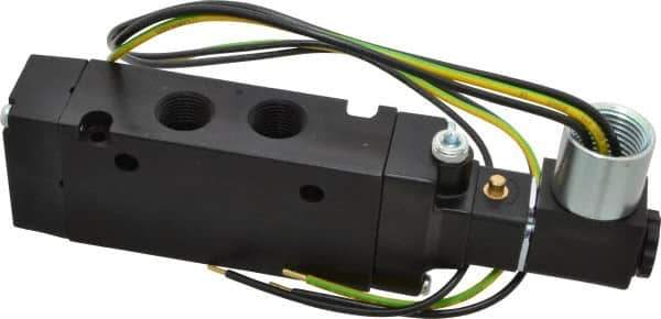 Parker - 3/8" Inlet x 3/8" Outlet, Single Solenoid Actuator, Air Return, 2 Position, Body Ported Solenoid Air Valve - 120 VAC Input, 88 CFM, 2.8 CV, 4 Way, 145 psi, 5-3/4" Long x 1.15" Wide x 3.97" High, 0 to 160°F - Industrial Tool & Supply