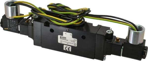 Parker - 3/8" Inlet x 3/8" Outlet, Double Solenoid Actuator, Solenoid Return, 2 Position, Body Ported Solenoid Air Valve - 120 VAC Input, 88 CFM, 2.8 CV, 4 Way, 145 psi, 7-3/10" Long x 1.15" Wide x 3.97" High, 0 to 160°F - Industrial Tool & Supply