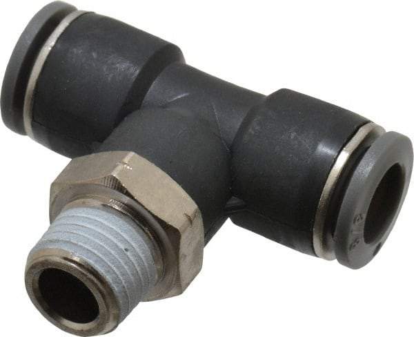 Norgren - 3/8" Tube OD, 1/4 NPTF Brass Push-to-Connect Tube Male Swivel Branch Tee - Tube to Male NPT Connection, 150 Max psi, Nitrile O-Ring, 0 to 175°F Working Temp - Industrial Tool & Supply