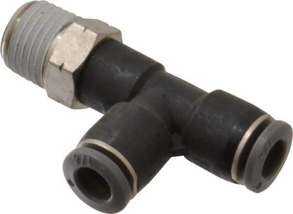 Norgren - 1/4" Tube OD, 1/4 NPTF Brass Push-to-Connect Tube Male Swivel Run Tee - Tube to Male NPT Connection, 150 Max psi, Nitrile O-Ring, 0 to 175°F Working Temp - Industrial Tool & Supply