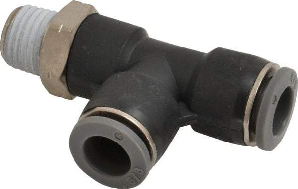 Norgren - 3/8" Tube OD, 1/4 NPTF Brass Push-to-Connect Tube Male Swivel Run Tee - Tube to Male NPT Connection, 150 Max psi, Nitrile O-Ring, 0 to 175°F Working Temp - Industrial Tool & Supply
