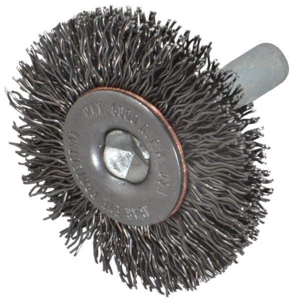 Made in USA - 1-1/2" OD, 1/4" Shank Diam, Crimped Steel Wheel Brush - 1/4" Face Width, 0.014" Filament Diam, 6,000 RPM - Industrial Tool & Supply