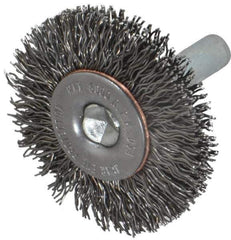 Made in USA - 1-1/2" OD, 1/4" Shank Diam, Crimped Steel Wheel Brush - 1/4" Face Width, 0.014" Filament Diam, 6,000 RPM - Industrial Tool & Supply