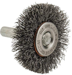Made in USA - 1-1/2" OD, 1/4" Shank Diam, Crimped Steel Wheel Brush - 1/4" Face Width, 0.008" Filament Diam, 6,000 RPM - Industrial Tool & Supply
