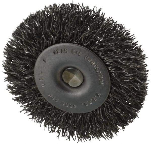 Made in USA - 2-1/2" OD, 1/4" Shank Diam, Crimped Steel Wheel Brush - 1/4" Face Width, 0.014" Filament Diam, 4,500 RPM - Industrial Tool & Supply