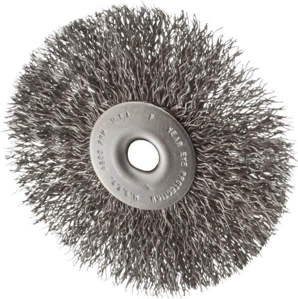 Made in USA - 3-1/2" OD, 1/4" Shank Diam, Crimped Steel Wheel Brush - 1/4" Face Width, 0.014" Filament Diam, 4,500 RPM - Industrial Tool & Supply