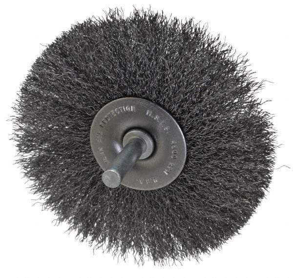Made in USA - 3-1/2" OD, 1/4" Shank Diam, Crimped Steel Wheel Brush - 1/4" Face Width, 0.008" Filament Diam, 4,500 RPM - Industrial Tool & Supply