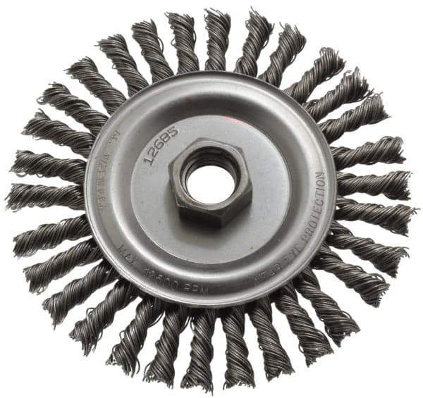 Anderson - 4-1/2" OD, 5/8-11 Arbor Hole, Knotted Steel Wheel Brush - 1/4" Face Width, 13/16" Trim Length, 0.02" Filament Diam, 12,500 RPM - Industrial Tool & Supply
