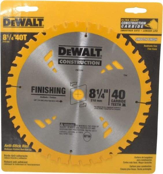 DeWALT - 8-1/4" Diam, 5/8" Arbor Hole Diam, 40 Tooth Wet & Dry Cut Saw Blade - Carbide-Tipped, General Purpose Action, Diamond Arbor - Industrial Tool & Supply
