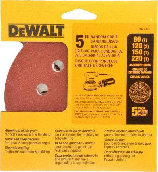 DeWALT - 80, 120, 150, 180, 220 Grit, 5" Disc Diam, Abrasive Disc Kit - Coated, Medium, Fine, (3) Very Fine Grade, Aluminum Oxide - Industrial Tool & Supply