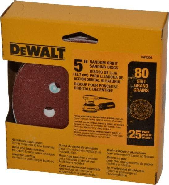 DeWALT - 5" Diam, 80 Grit, Aluminum Oxide Hook & Loop Disc - Medium Grade, Coated, Paper Backing, - Industrial Tool & Supply