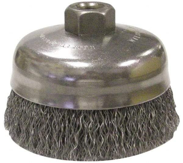 Anderson - 5" Diam, 5/8-11 Threaded Arbor, Steel Fill Cup Brush - 0.014 Wire Diam, 1-1/4" Trim Length, 9,000 Max RPM - Industrial Tool & Supply