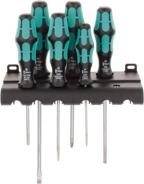 Wera - 6 Piece Slotted & Phillips Screwdriver Set - Round Shank, Ergonomic Handle, Bit Sizes: Philips #1 & #2 - Industrial Tool & Supply
