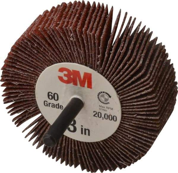 3M - 3" Diam x 1" Face Width, Medium Ceramic Alumina Coated Mounted Flap Wheel - 1/4" Shank Mount, 60 Grit, X Weighted Cloth Backing, 20,000 Max RPM - Industrial Tool & Supply