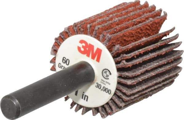 3M - 1" Diam x 1" Face Width, Medium Ceramic Alumina Coated Mounted Flap Wheel - 1/4" Shank Mount, 60 Grit, X Weighted Cloth Backing, 30,000 Max RPM - Industrial Tool & Supply
