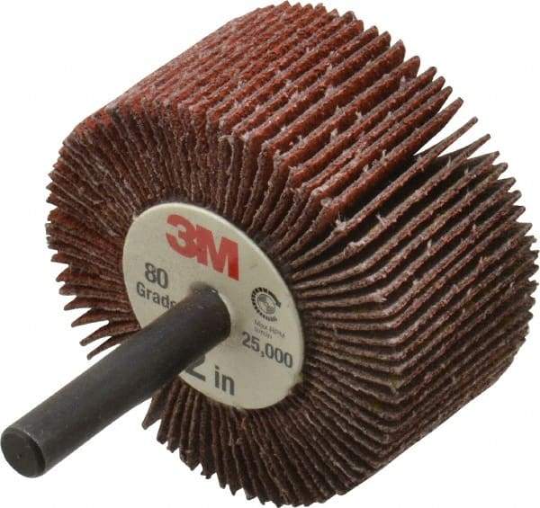 3M - 2" Diam x 1" Face Width, Medium Ceramic Alumina Coated Mounted Flap Wheel - 1/4" Shank Mount, 80 Grit, X Weighted Cloth Backing, 25,000 Max RPM - Industrial Tool & Supply