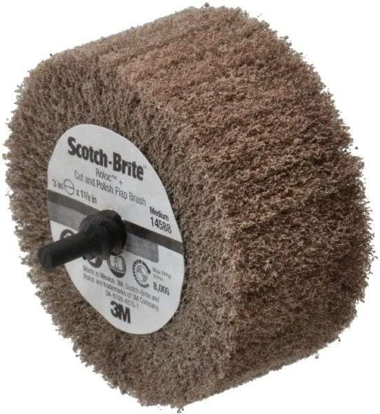 3M - 3" Diam x 1-3/8" Face Width, Medium Aluminum Oxide Nonwoven Mounted Flap Wheel - 1/4" Shank Mount, 8,000 Max RPM - Industrial Tool & Supply